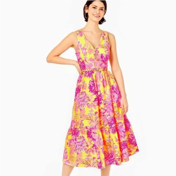 NWT Bri Cotton Midi Dress Calla Yellow Coral Floral Dress S - Picture 5 of 16